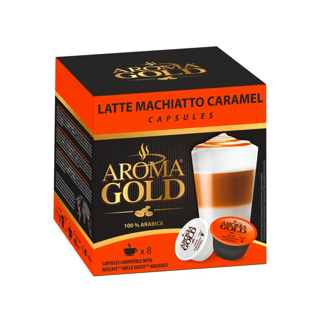 Aroma Gold Dolce Gusto Latte Macchiato Caramel Kafijas kapsulas Aroma Gold® Dolce Gusto® Latte Macchiato Caramel, 8+8 gab. Aroma Gold Dolce Gusto Latte Macchiato Caramel