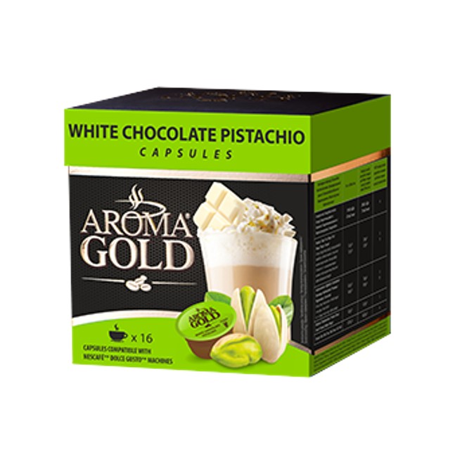 Aroma Gold Dolce Gusto White Chocolate Pistachio Kafijas kapsulas Aroma Gold® Dolce Gusto® Baltās šokolādes pistācijas, 16 gab. Aroma Gold Dolce Gusto White Chocolate Pistachio