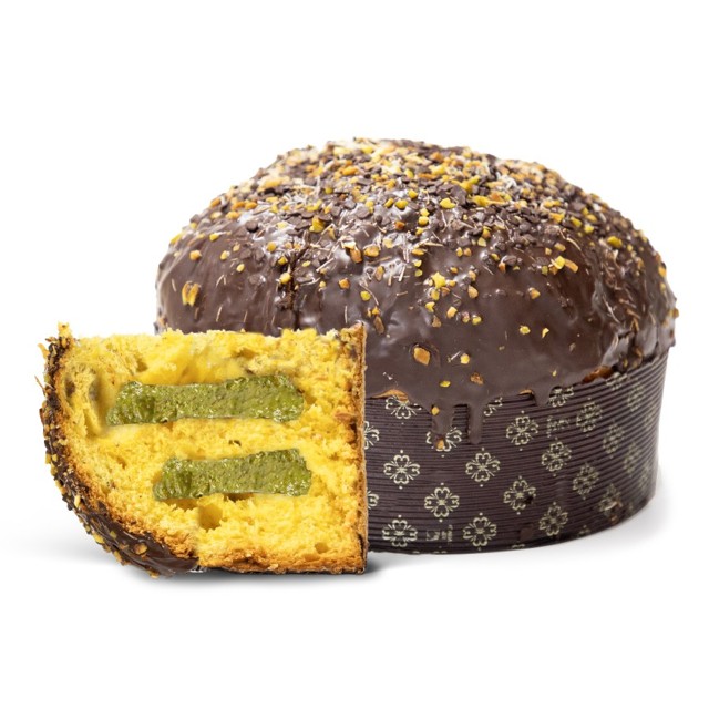 panettone-dubai-pistaciju-krems-800g Panettone kūka Dubaijas šokolādes stilā ar pistāciju krēmu un šokolādes glazūru Zaghis La Duchessa, 800 g panettone dubai pistaciju krems 800g