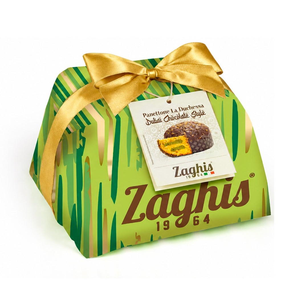 panettone-regale-dubai-chocolate (1) Panettone kūka Dubaijas šokolādes stilā ar pistāciju krēmu un šokolādes glazūru Zaghis La Duchessa, 800 g panettone regale dubai chocolate 1