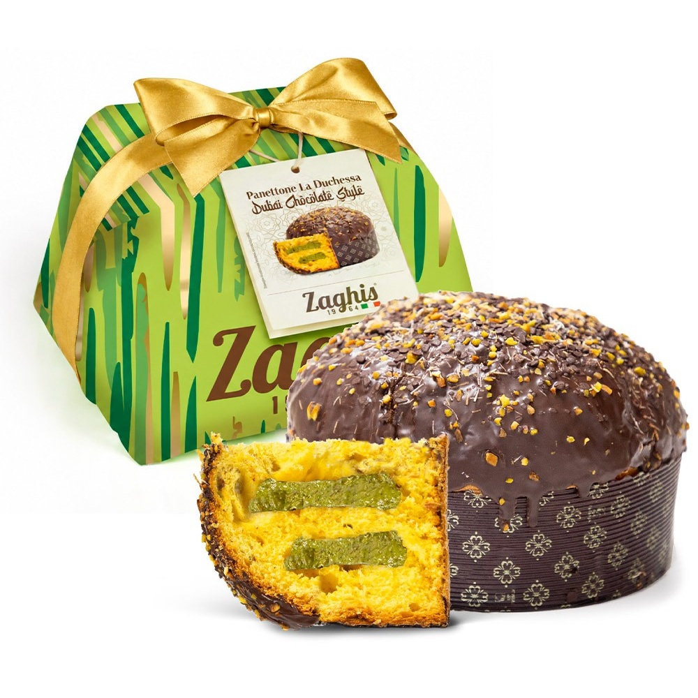 panettone-regale-dubai-chocolate Panettone kūka Dubaijas šokolādes stilā ar pistāciju krēmu un šokolādes glazūru Zaghis La Duchessa, 800 g panettone regale dubai chocolate